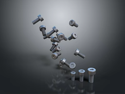 Scattered Hardware Tools Bolts on Black Background with Various Sizes Shapes and Reflections 3d model