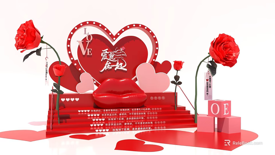 Red Heart Love Themed Decoration With Roses Lips And OE Cube Steps 3d model 