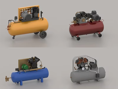 Industrial Mobile Air Compressors In Yellow Red Blue Gray Colors For Workshop Use 3d model