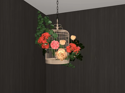 Hanging Birdcage Floral Installation With Coral Pink Creamy White Roses Green Vines In Dark Corner 3d model