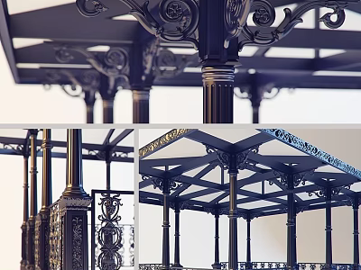 Ornate Metal Pavilion Structure With Carved Columns And Decorative Roof Design 3d model