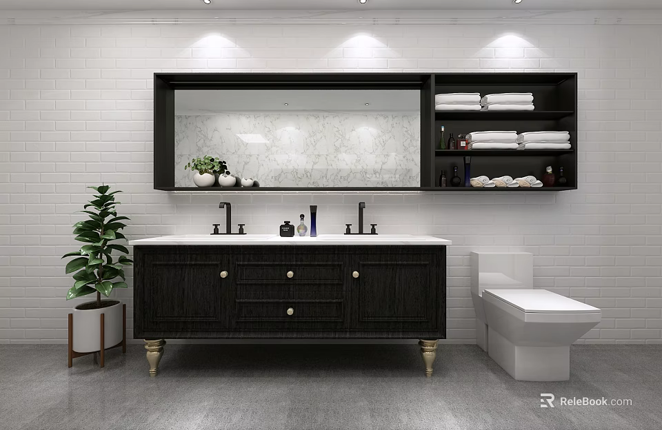 Modern Bathroom Vanity with Double Faucets Black Cabinet Gold Legs Mirror and Towel Shelves 3d model 