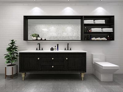 Modern Bathroom Vanity with Double Faucets Black Cabinet Gold Legs Mirror and Towel Shelves 3d model