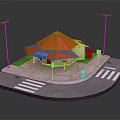 Small Building Featuring Orange Roof Yellow Structure Street Lamps Green Grass And Crosswalk