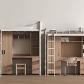Modern Bunk Bed Design With Wooden Desk And Storage Cabinets 3d model