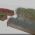 Wooden Planters With Colorful Flowers Including Pink White Blue Blooms And Trailing Greenery