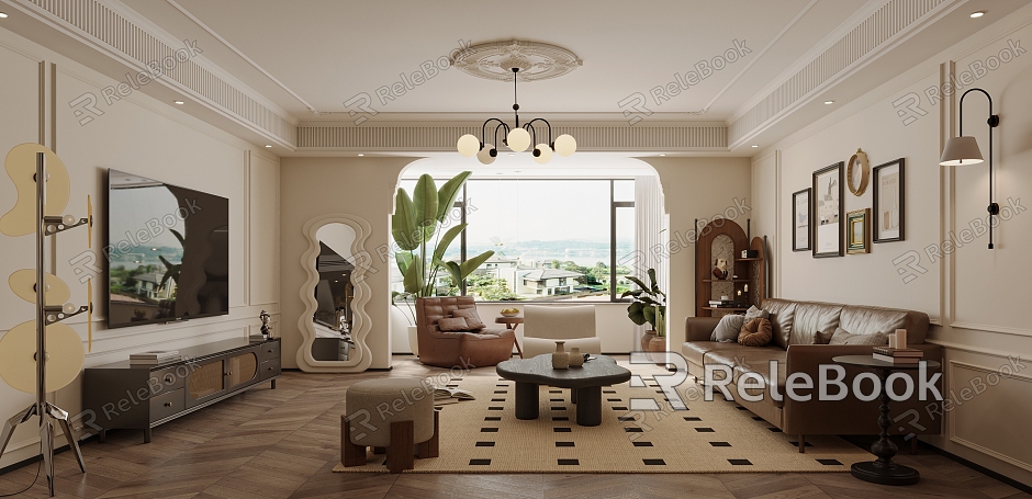 French Middle Style Living Room Leather Sofa Sofa Coffee Table Combination Coffee Table Plant Mirror model