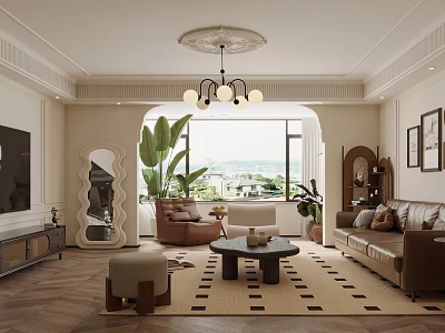 Living Room Interior Design With Brown Sofa Coffee Table Area Rug Large Window And Plants 3d model
