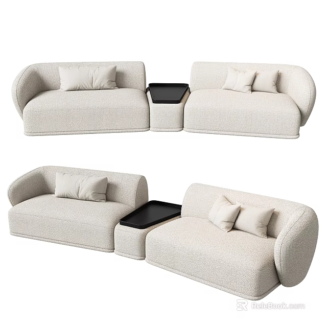 Modern Beige Fabric Double Sofa With Cushions And Black Tray Table 3d model