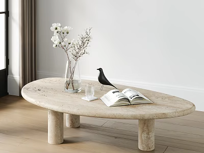 Oval Marble Coffee Table With Vase White Flowers Open Book And Black Bird Decor 3d model
