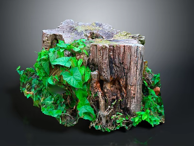 Natural Wooden Tree Stump with Green Vines and Stone Accents 3d model