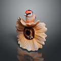 A red headed bird perched on yellow sunflower shaped decorative ornament