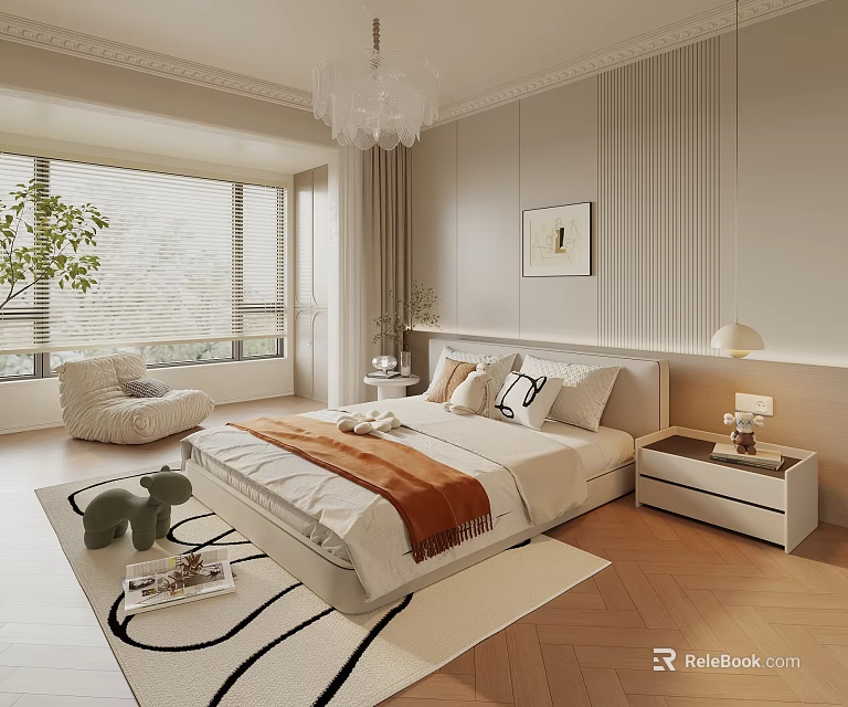 Elegant Modern Bedroom Interior With Bed Orange Blanket Pillows Nightstand Lamp And Green Plants 3d model 