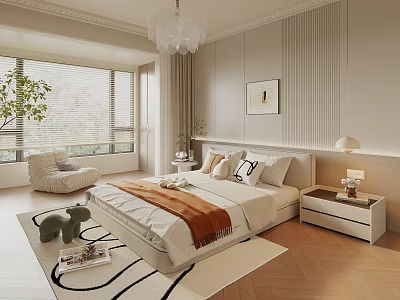 Elegant Modern Bedroom Interior With Bed Orange Blanket Pillows Nightstand Lamp And Green Plants 3d model