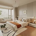 Elegant Modern Bedroom Interior With Bed Orange Blanket Pillows Nightstand Lamp And Green Plants