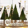 Christmas Scene With Green Pine Trees Golden Decorations And Pirate Flags