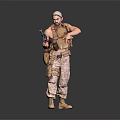 Military Style Armed Man In Tactical Vest Camouflage Pants Holding Rifle With White Headscarf Standing Pose