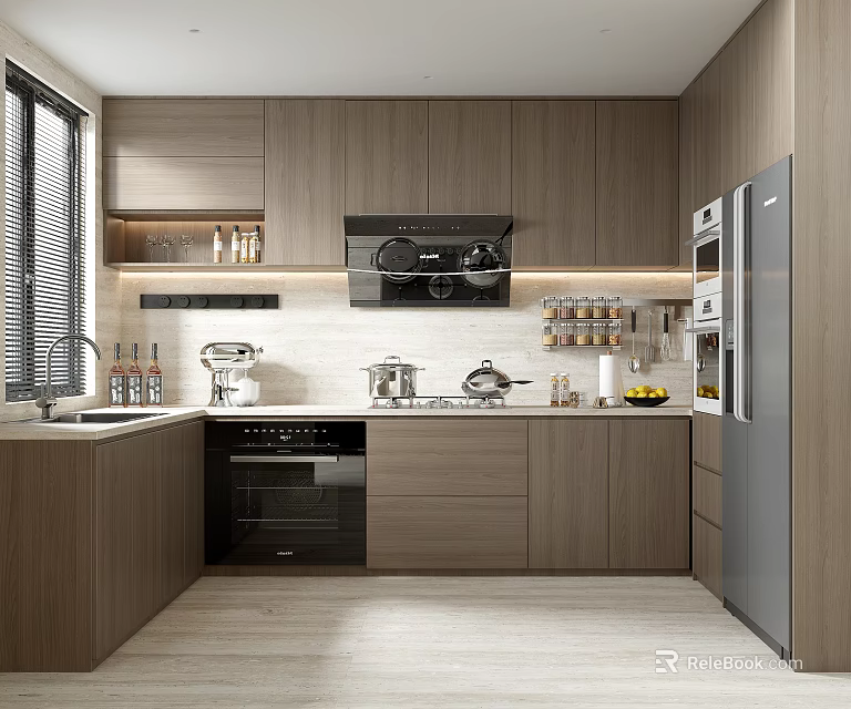 Modern Kitchen Interior Design With Wooden Cabinets Appliances And Island Counter 3d model 