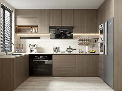 Modern Kitchen Interior Design With Wooden Cabinets Appliances And Island Counter 3d model