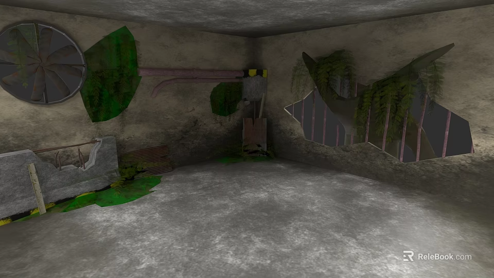 Garden Landscape With Damaged Walls Green Mossy Plants And Concrete Floor 3d model 