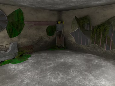 Garden Landscape With Damaged Walls Green Mossy Plants And Concrete Floor 3d model