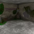 Garden Landscape With Damaged Walls Green Mossy Plants And Concrete Floor