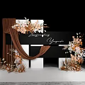 Elegant Wedding Decoration With Black Backdrop Brown Drapery And Floral Arrangements On Marble Floor