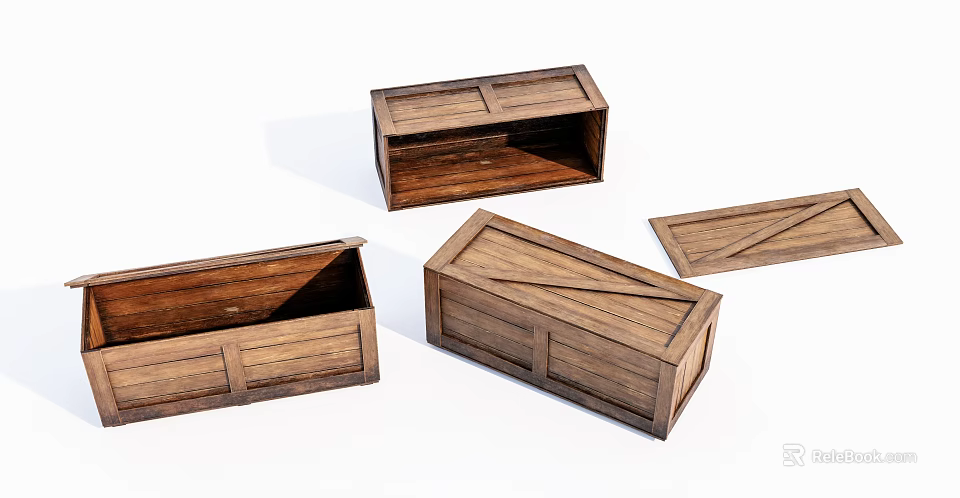 Vintage Wooden Storage Boxes with Open and Closed Lids and Natural Texture 3d model 