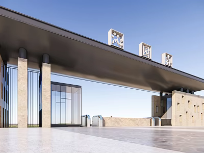 Modern Grand Entrance Gate With Overhanging Roof Glass Doors And Columns 3d model