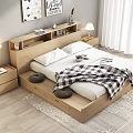 Wooden Double Bed Design With Storage Nightstands Wall Art Hanging Lights And Rug