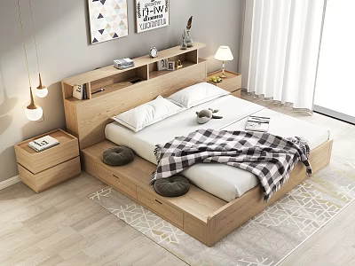 Wooden Double Bed Design With Storage Nightstands Wall Art Hanging Lights And Rug 3d model
