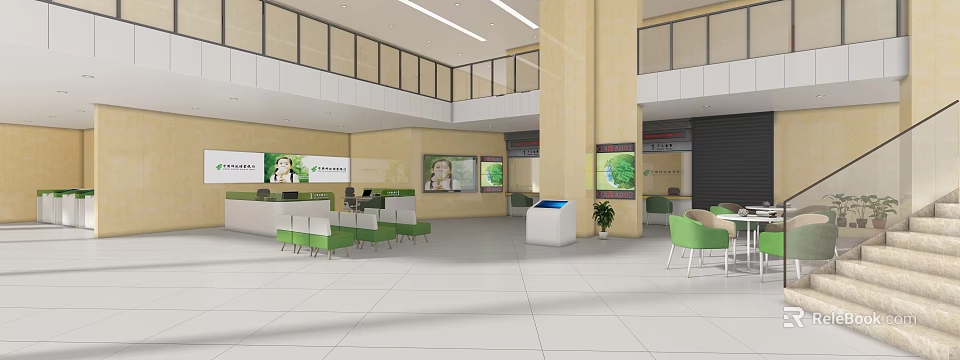 Modern Bank Lobby Interior With Service Counters Waiting Seats And Self Service Kiosks 3d model 
