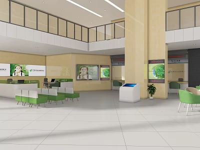 Modern Bank Lobby Interior With Service Counters Waiting Seats And Self Service Kiosks 3d model