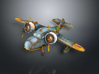 Vintage Aerospace Biplane Model with Two Propellers Blue Yellow Paint and Old Design 3d model