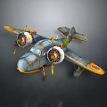Vintage Aerospace Biplane Model with Two Propellers Blue Yellow Paint and Old Design