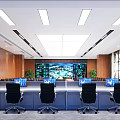 Wooden Paneled Conference Room With Rows of Tables Chairs Green Plants And Ceiling Lighting
