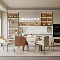 Modern Restaurant Interior With Dining Table Chairs Hanging Lights And Kitchen Cabinets