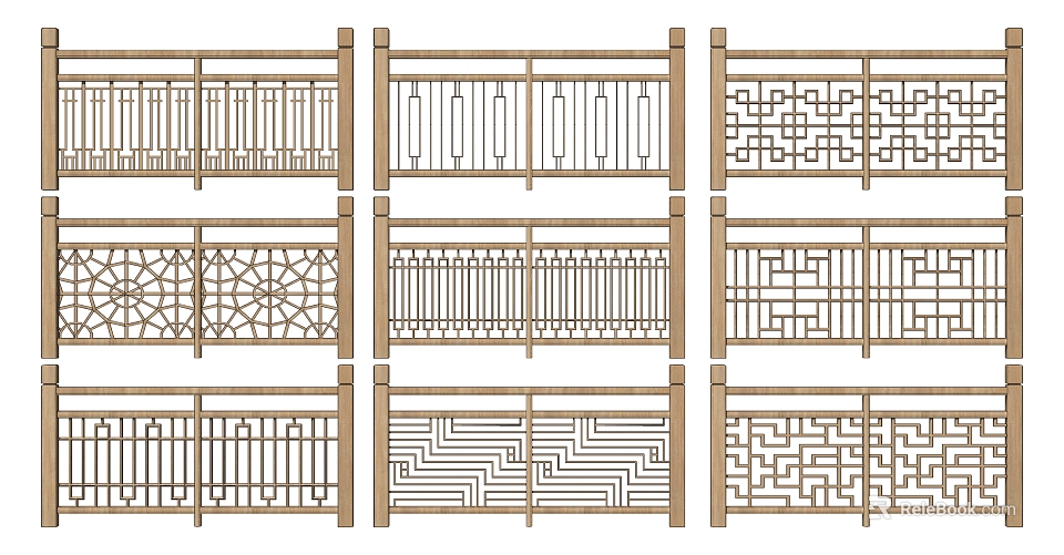 Various Traditional Wooden Railing Designs Featuring Intricate Patterns And Geometric Motifs 3d model 
