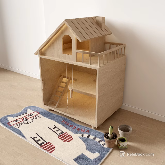 Wooden Dollhouse With Cat Patterned Rug And Small Potted Plants In Room 3d model 