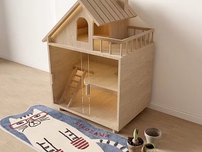 Wooden Dollhouse With Cat Patterned Rug And Small Potted Plants In Room 3d model