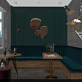 Modern Café Interior With Wooden Counter Green Chair Shelves And Cat