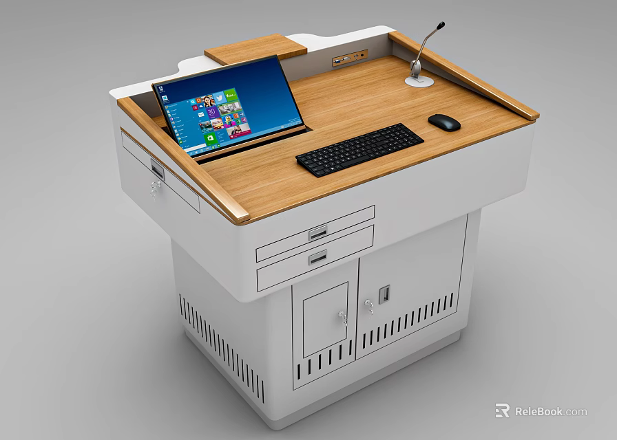 Functional Desk With Laptop Keyboard Mouse And Microphone Wooden Top Drawers Cabinet 3d model 