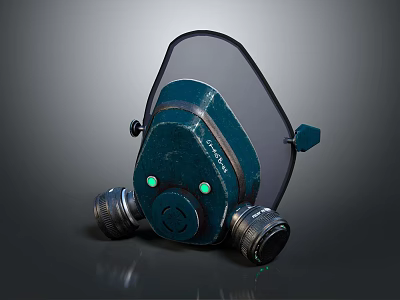 Blue Fire Safety Gas Mask With Transparent Face Shield Green Indicator Lights And Filter Canisters 3d model