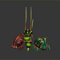 Vibrant Red Green Blue Fantasy Animal Figurines With Long Antennae And Shiny Carapaces
