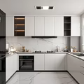 Modern Kitchen Interior Design With White Cabinets Black Appliances Marble Countertops And Window Blinds
