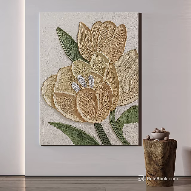 Golden Tulip Botanical Painting Embroidered Wall Art With Green Leaves For Home Decor 3d model 