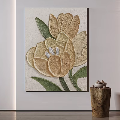 Golden Tulip Botanical Painting Embroidered Wall Art With Green Leaves For Home Decor 3d model