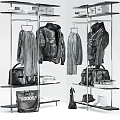 Fashion Clothes Displayed Black Leather Jacket Silver Pleated Skirt Black Handbag White Sneakers on Shelf