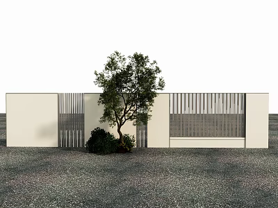 Modern Garden Wall Design With Vertical Slats Tree Shrub And Gravel Ground 3d model
