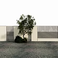 Modern Garden Wall Design With Vertical Slats Tree Shrub And Gravel Ground